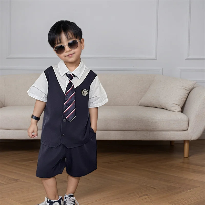 Kids Boys Summer Formal Wear Outfit Vest Shorts Tie 3 Pieces Clothing Set Baby Child Wedding Party  Top and Bottom Clothes Set