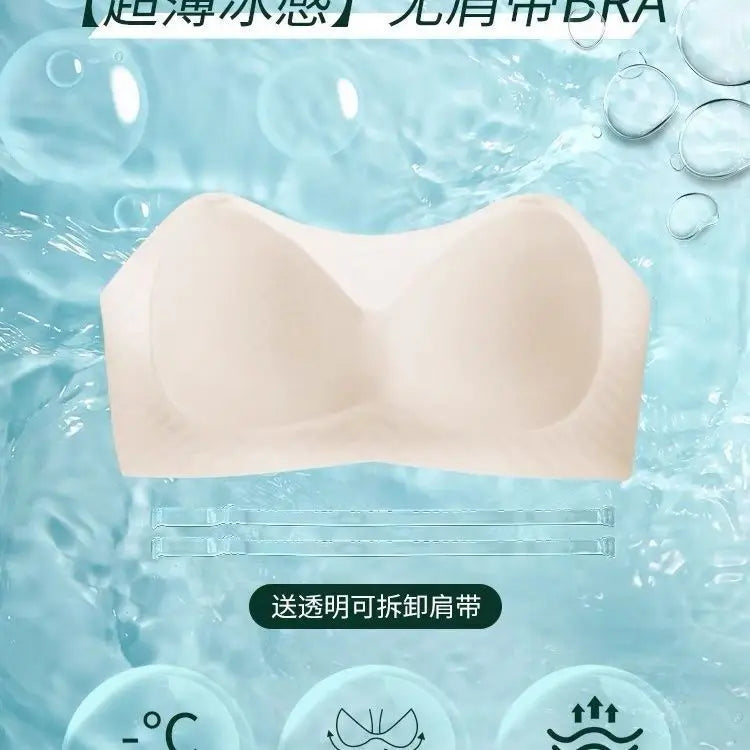 Women Strapless Push Up Bra 8cm Padded Ice Silk Invisible Non-Slip Lift Backless A/B Cup