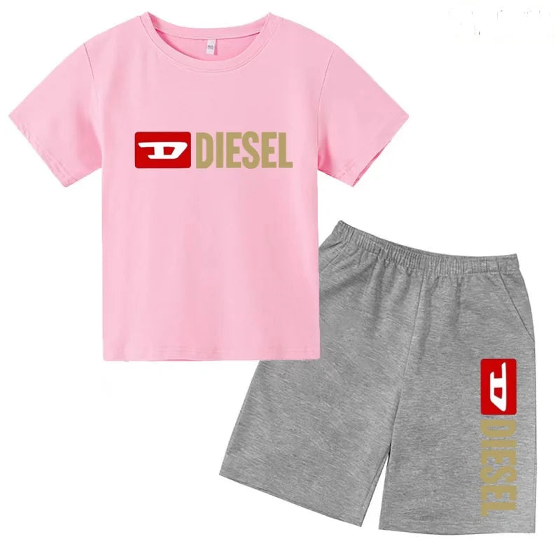 Kids Summer Sky Blue T-shirt Fashion Letters Top+Shorts Boy Girl Coat 3-12Years Sports Short-sleeved Clothing Jogging Casual Set
