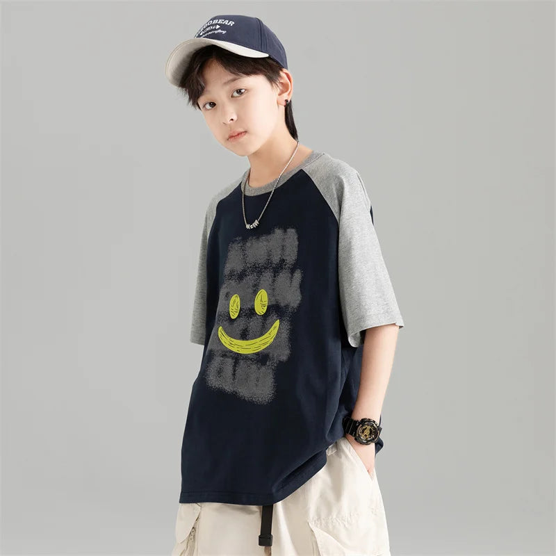 Summer Kids T-shirt For Boys Tops Clothes Fashion Korea Patchwork Cartoon Cotton Printing Tees 7 8 9 10 11 12 13 14 15 Years Old