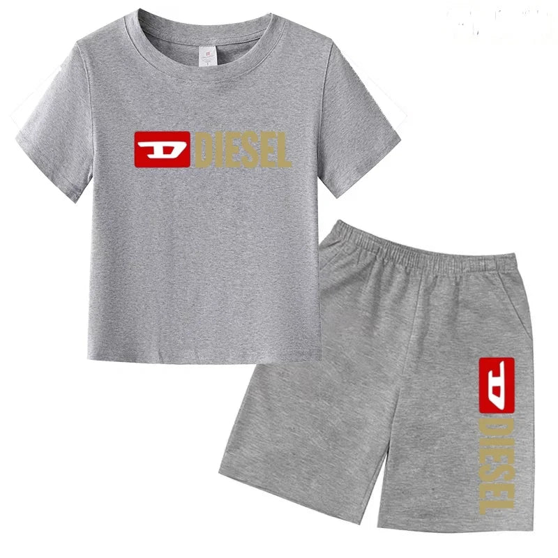 Kids Summer Sky Blue T-shirt Fashion Letters Top+Shorts Boy Girl Coat 3-12Years Sports Short-sleeved Clothing Jogging Casual Set