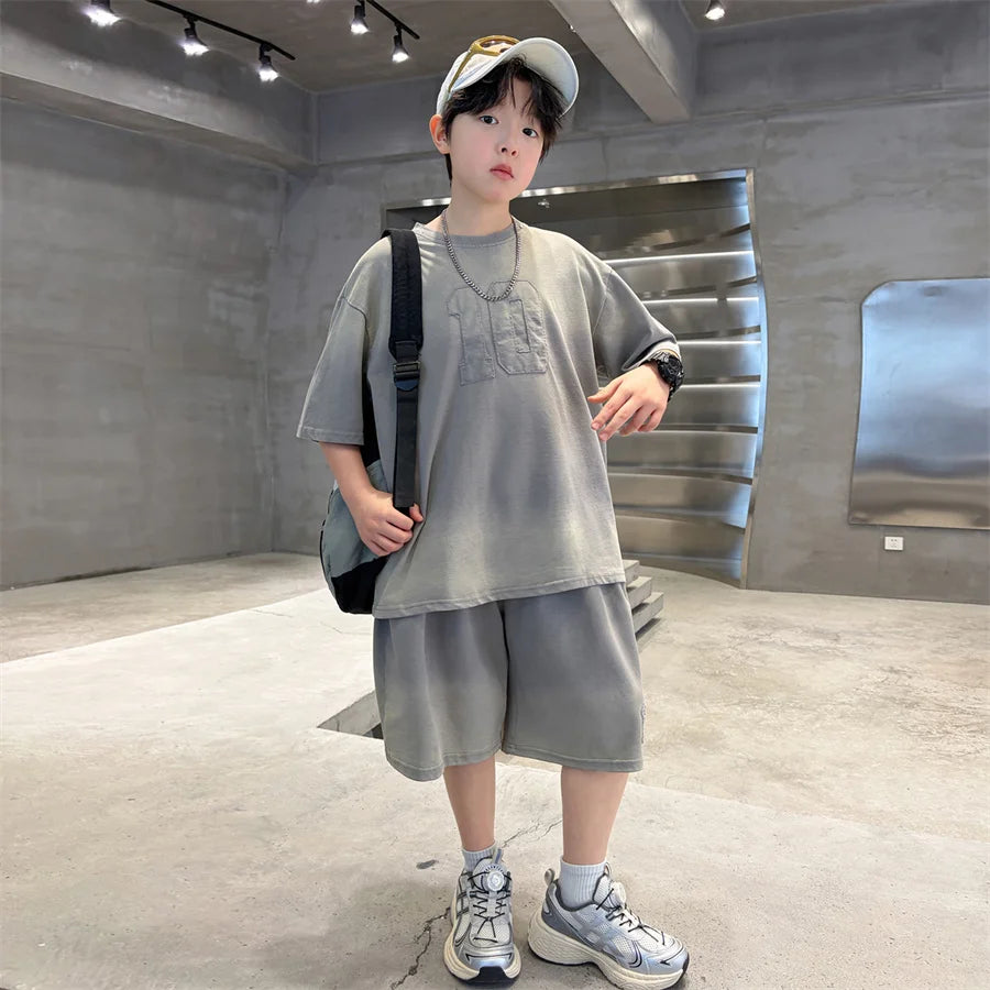 Kids Summer Set Loose Gradient Clothes for Boys Casual Suit Top and Bottom Clothes Set Child Cotton T-shirt + Shorts Tracksuit