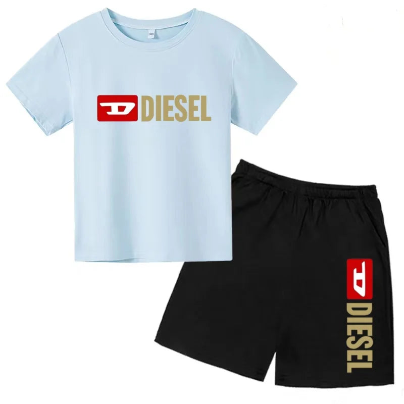 Kids Summer Sky Blue T-shirt Fashion Letters Top+Shorts Boy Girl Coat 3-12Years Sports Short-sleeved Clothing Jogging Casual Set