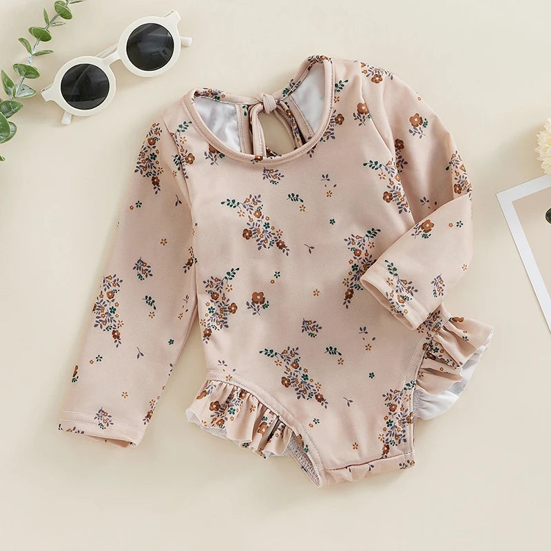 Kids Girl Summer Swimsuits Floral Print Long Sleeve Ruffles Jumpsuit Swimwear Bathers Bathing Suits Swimming Pool Beach Wear