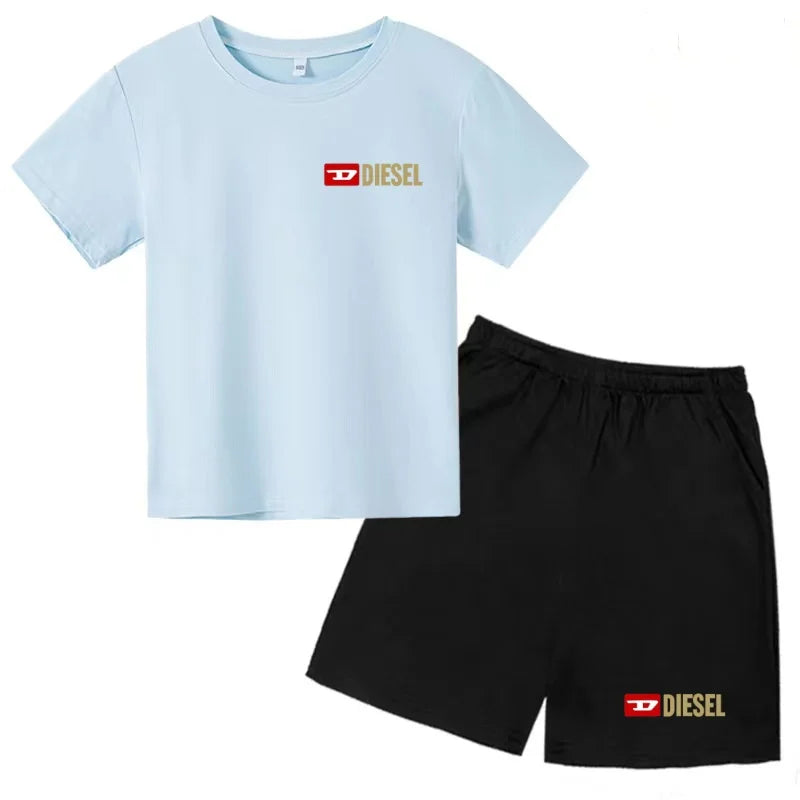 Kids Summer Sky Blue T-shirt Fashion Letters Top+Shorts Boy Girl Coat 3-12Years Sports Short-sleeved Clothing Jogging Casual Set