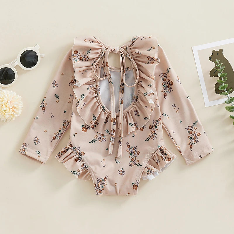 Kids Girl Summer Swimsuits Floral Print Long Sleeve Ruffles Jumpsuit Swimwear Bathers Bathing Suits Swimming Pool Beach Wear