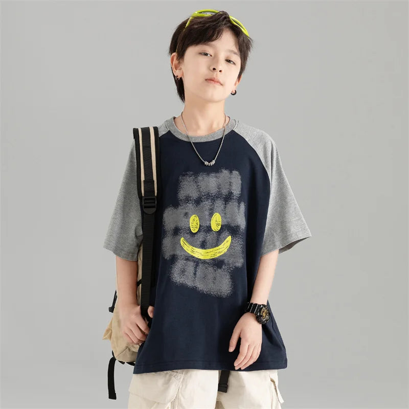 Summer Kids T-shirt For Boys Tops Clothes Fashion Korea Patchwork Cartoon Cotton Printing Tees 7 8 9 10 11 12 13 14 15 Years Old
