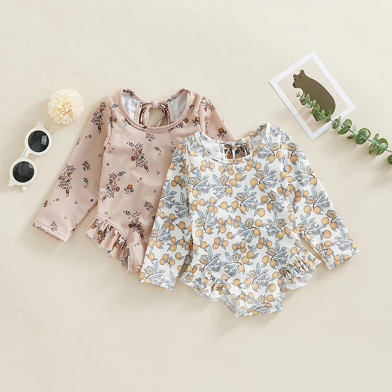 Kids Girl Summer Swimsuits Floral Print Long Sleeve Ruffles Jumpsuit Swimwear Bathers Bathing Suits Swimming Pool Beach Wear