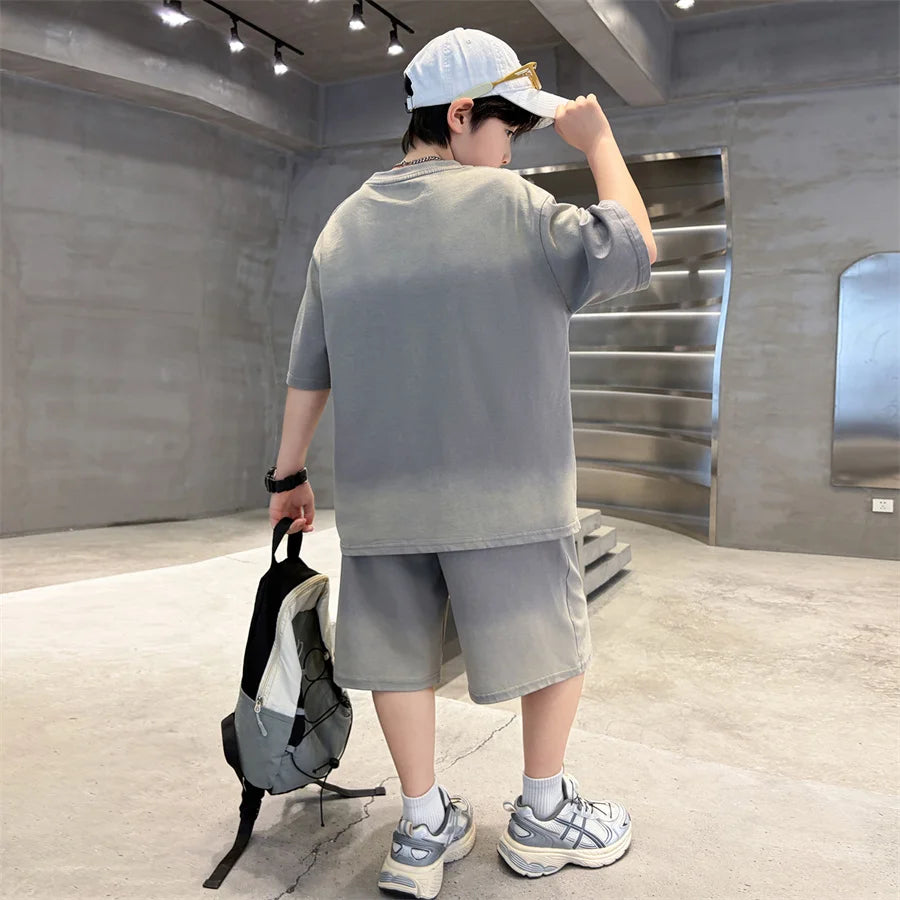 Kids Summer Set Loose Gradient Clothes for Boys Casual Suit Top and Bottom Clothes Set Child Cotton T-shirt + Shorts Tracksuit