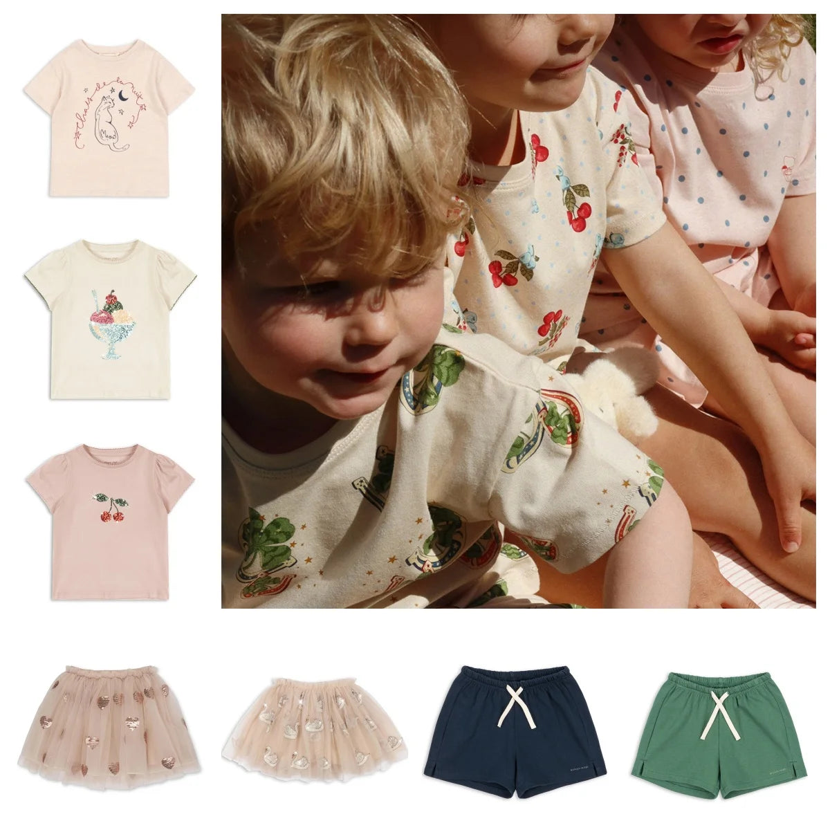 26 Summer New Kids' Wear KS Boys Girls Cartoon T-Shirt Bead Short Sleeve Top Shorts Netting Skirt Girl Clothes