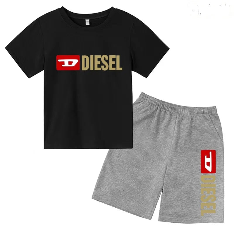 Kids Summer Sky Blue T-shirt Fashion Letters Top+Shorts Boy Girl Coat 3-12Years Sports Short-sleeved Clothing Jogging Casual Set