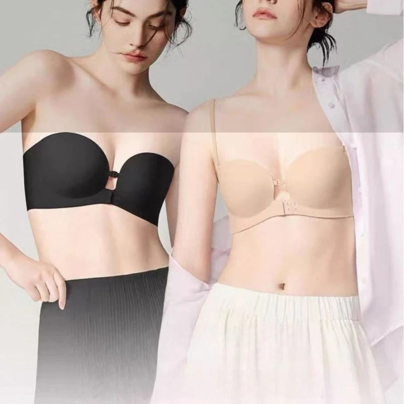 Front Closure Strapless Bras For Women Seamless Push Up Brassiere Thick Soft Underwear Solid Color Adjustable Invisible Lingerie