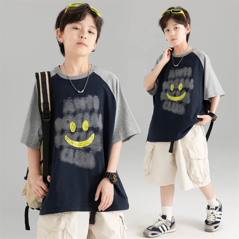 Summer Kids T-shirt For Boys Tops Clothes Fashion Korea Patchwork Cartoon Cotton Printing Tees 7 8 9 10 11 12 13 14 15 Years Old