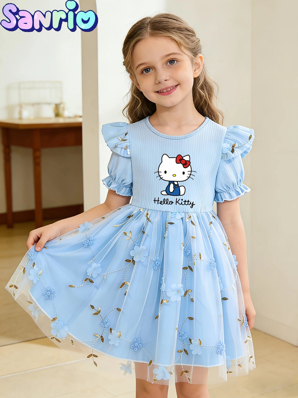 New Summer Hello Kitty Kids Dress, Girls' Puff Sleeve Floral Tulle Skirt