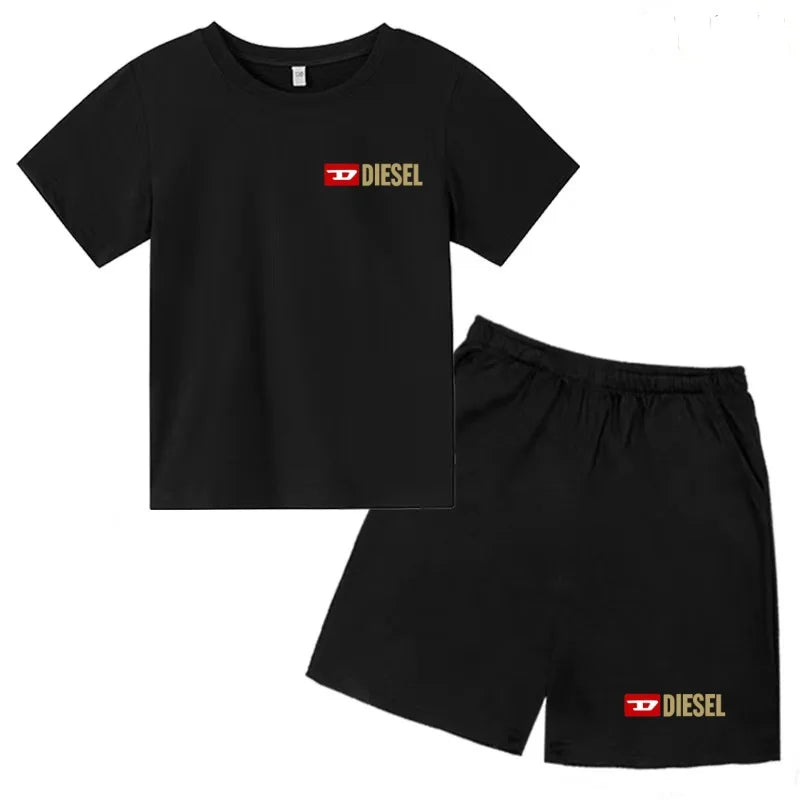 Kids Summer Sky Blue T-shirt Fashion Letters Top+Shorts Boy Girl Coat 3-12Years Sports Short-sleeved Clothing Jogging Casual Set