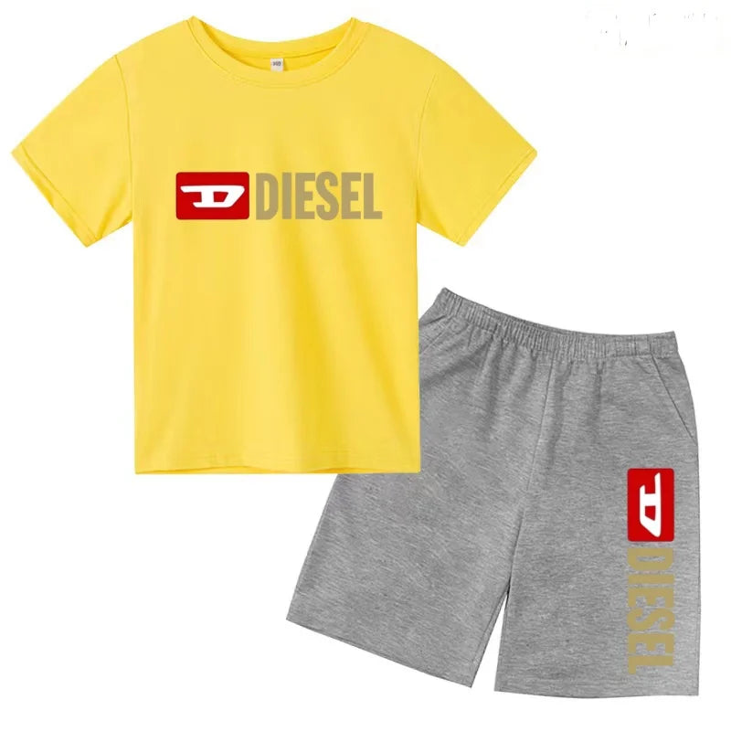 Kids Summer Sky Blue T-shirt Fashion Letters Top+Shorts Boy Girl Coat 3-12Years Sports Short-sleeved Clothing Jogging Casual Set