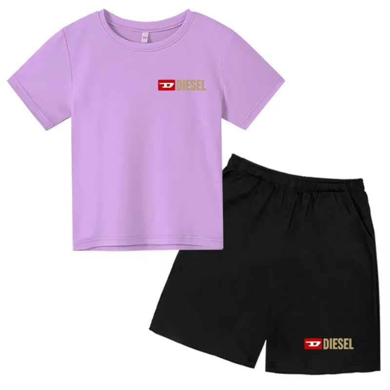 Kids Summer Sky Blue T-shirt Fashion Letters Top+Shorts Boy Girl Coat 3-12Years Sports Short-sleeved Clothing Jogging Casual Set
