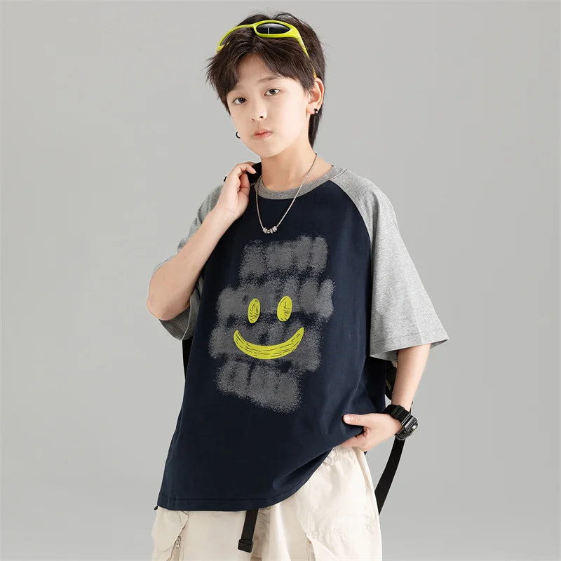 Summer Kids T-shirt For Boys Tops Clothes Fashion Korea Patchwork Cartoon Cotton Printing Tees 7 8 9 10 11 12 13 14 15 Years Old