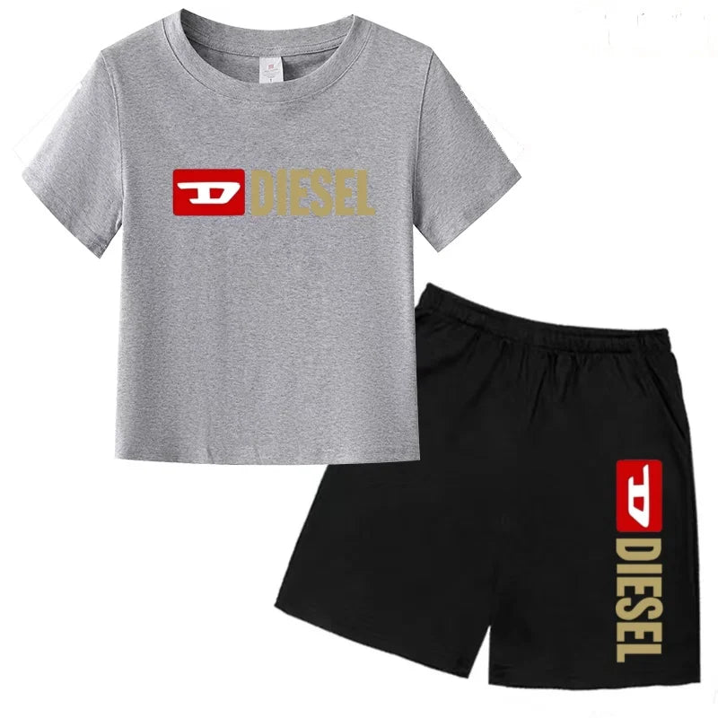 Kids Summer Sky Blue T-shirt Fashion Letters Top+Shorts Boy Girl Coat 3-12Years Sports Short-sleeved Clothing Jogging Casual Set
