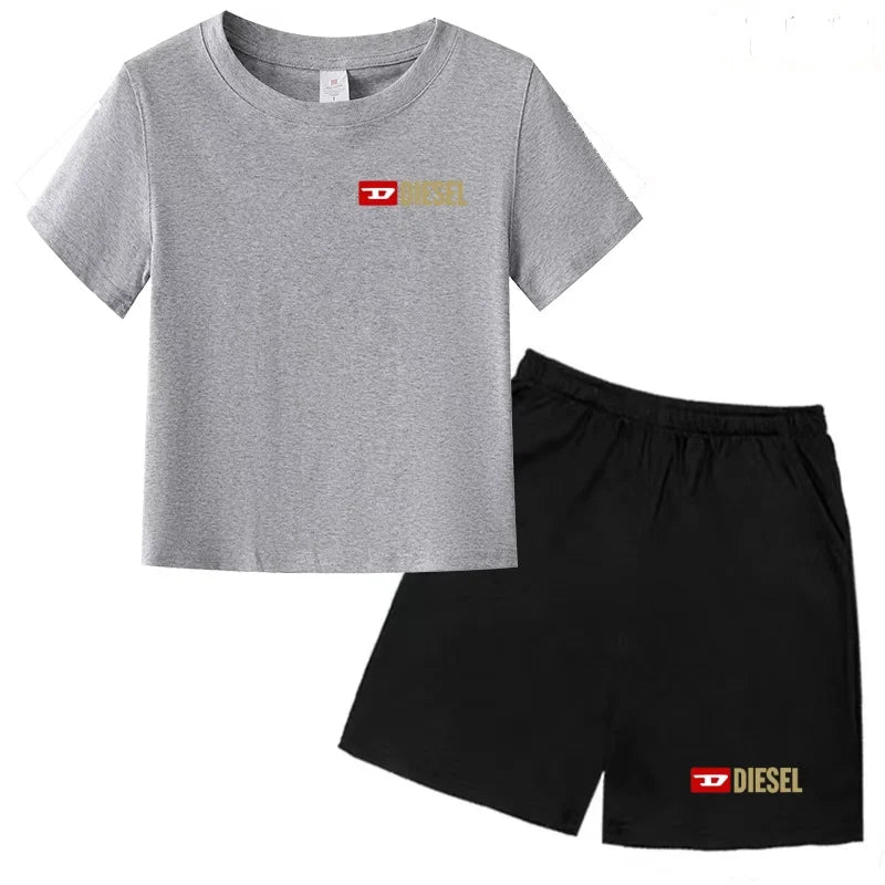 Kids Summer Sky Blue T-shirt Fashion Letters Top+Shorts Boy Girl Coat 3-12Years Sports Short-sleeved Clothing Jogging Casual Set