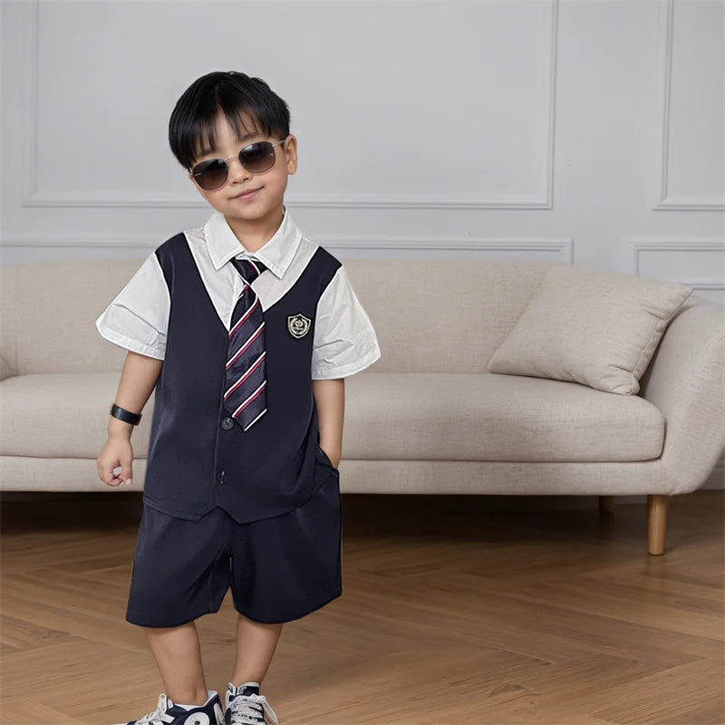 Kids Boys Summer Formal Wear Outfit Vest Shorts Tie 3 Pieces Clothing Set Baby Child Wedding Party  Top and Bottom Clothes Set