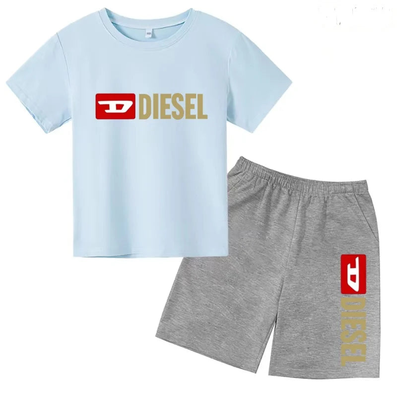 Kids Summer Sky Blue T-shirt Fashion Letters Top+Shorts Boy Girl Coat 3-12Years Sports Short-sleeved Clothing Jogging Casual Set