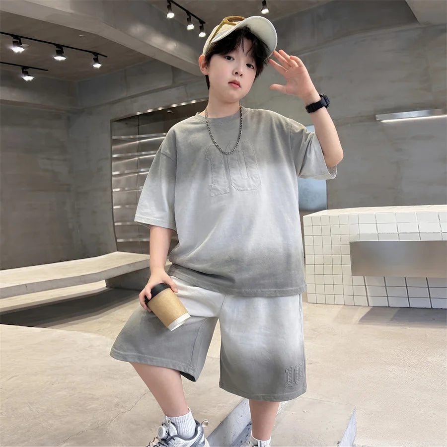 Kids Summer Set Loose Gradient Clothes for Boys Casual Suit Top and Bottom Clothes Set Child Cotton T-shirt + Shorts Tracksuit