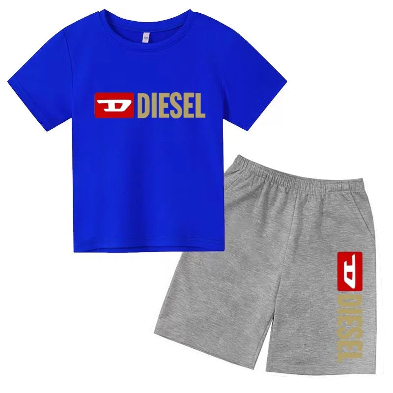 Kids Summer Sky Blue T-shirt Fashion Letters Top+Shorts Boy Girl Coat 3-12Years Sports Short-sleeved Clothing Jogging Casual Set