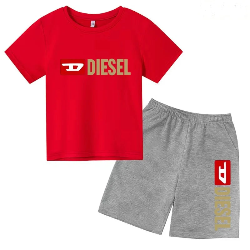 Kids Summer Sky Blue T-shirt Fashion Letters Top+Shorts Boy Girl Coat 3-12Years Sports Short-sleeved Clothing Jogging Casual Set