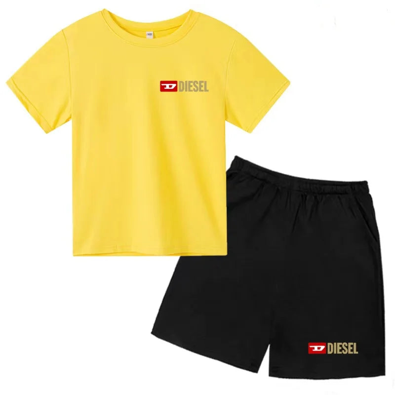 Kids Summer Sky Blue T-shirt Fashion Letters Top+Shorts Boy Girl Coat 3-12Years Sports Short-sleeved Clothing Jogging Casual Set