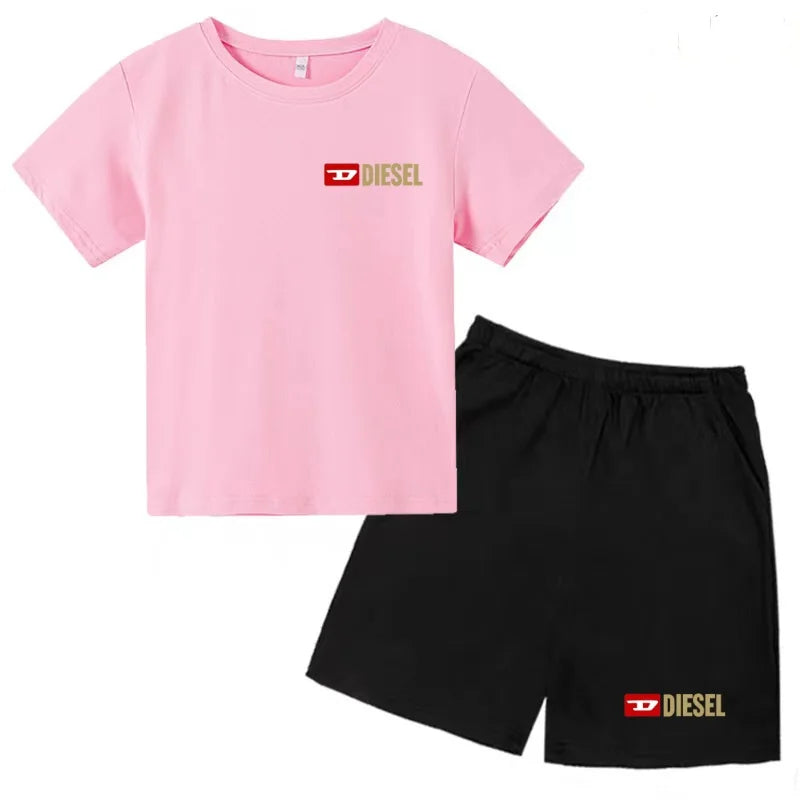 Kids Summer Sky Blue T-shirt Fashion Letters Top+Shorts Boy Girl Coat 3-12Years Sports Short-sleeved Clothing Jogging Casual Set