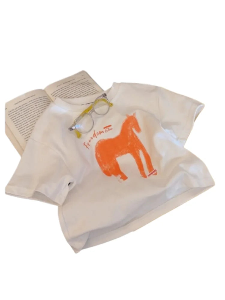 Kids Summer Casual T-Shirt Unisex Boys Girls Soft Cotton Breathable Short Sleeve Tops Cute Cartoon Print Tees for 1-10Y Children