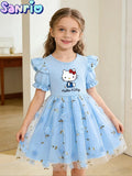 New Summer Hello Kitty Kids Dress, Girls' Puff Sleeve Floral Tulle Skirt