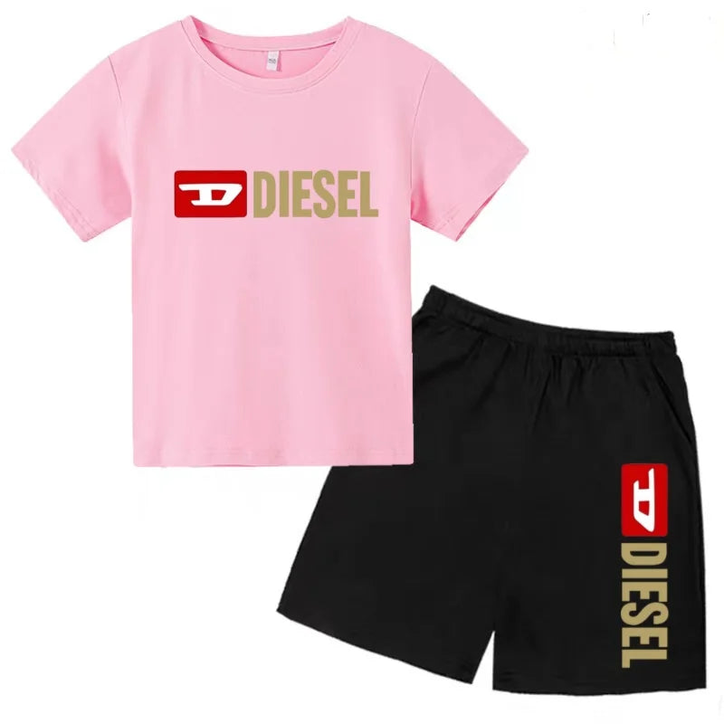 Kids Summer Sky Blue T-shirt Fashion Letters Top+Shorts Boy Girl Coat 3-12Years Sports Short-sleeved Clothing Jogging Casual Set