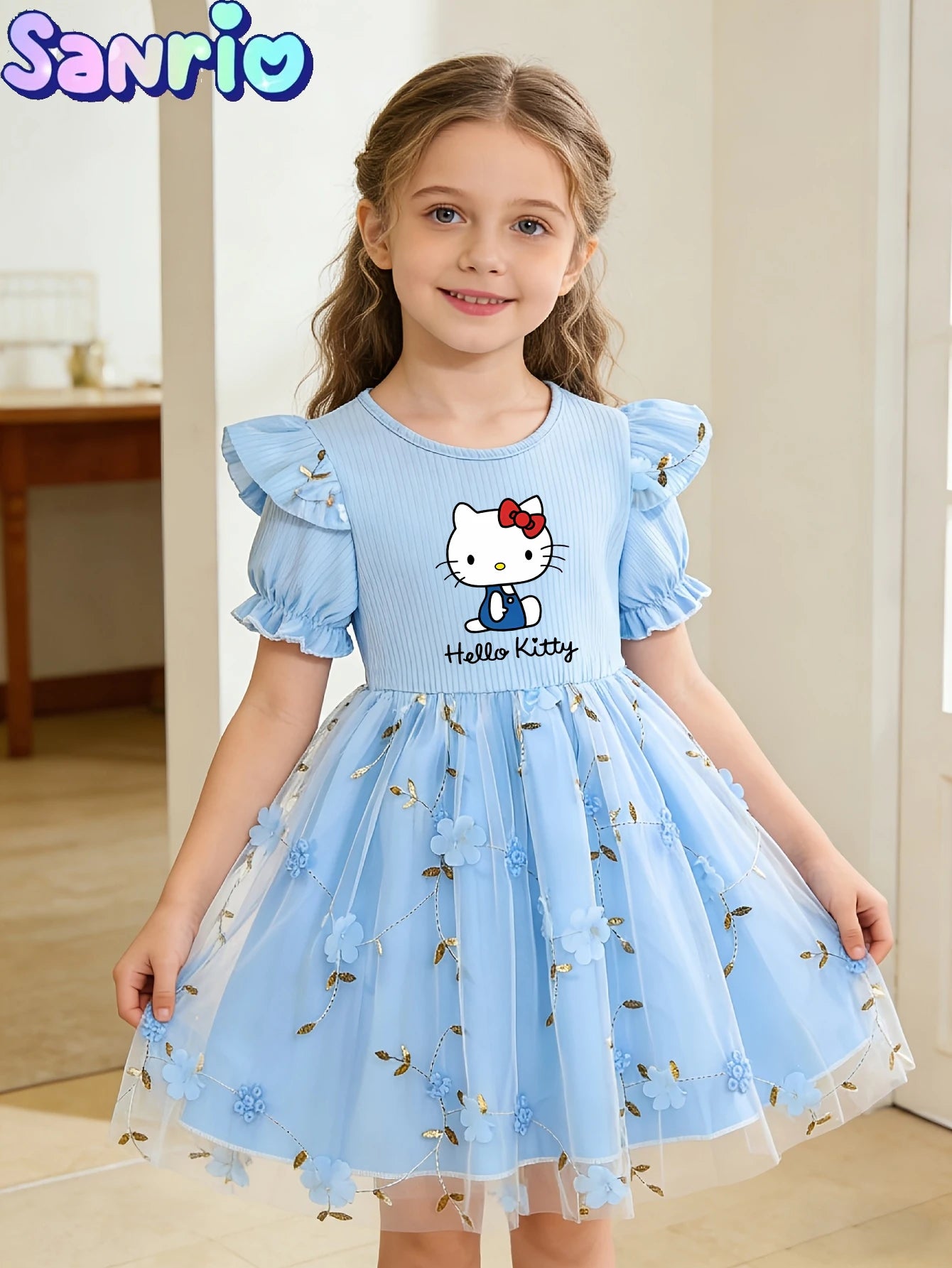 New Summer Hello Kitty Kids Dress, Girls' Puff Sleeve Floral Tulle Skirt