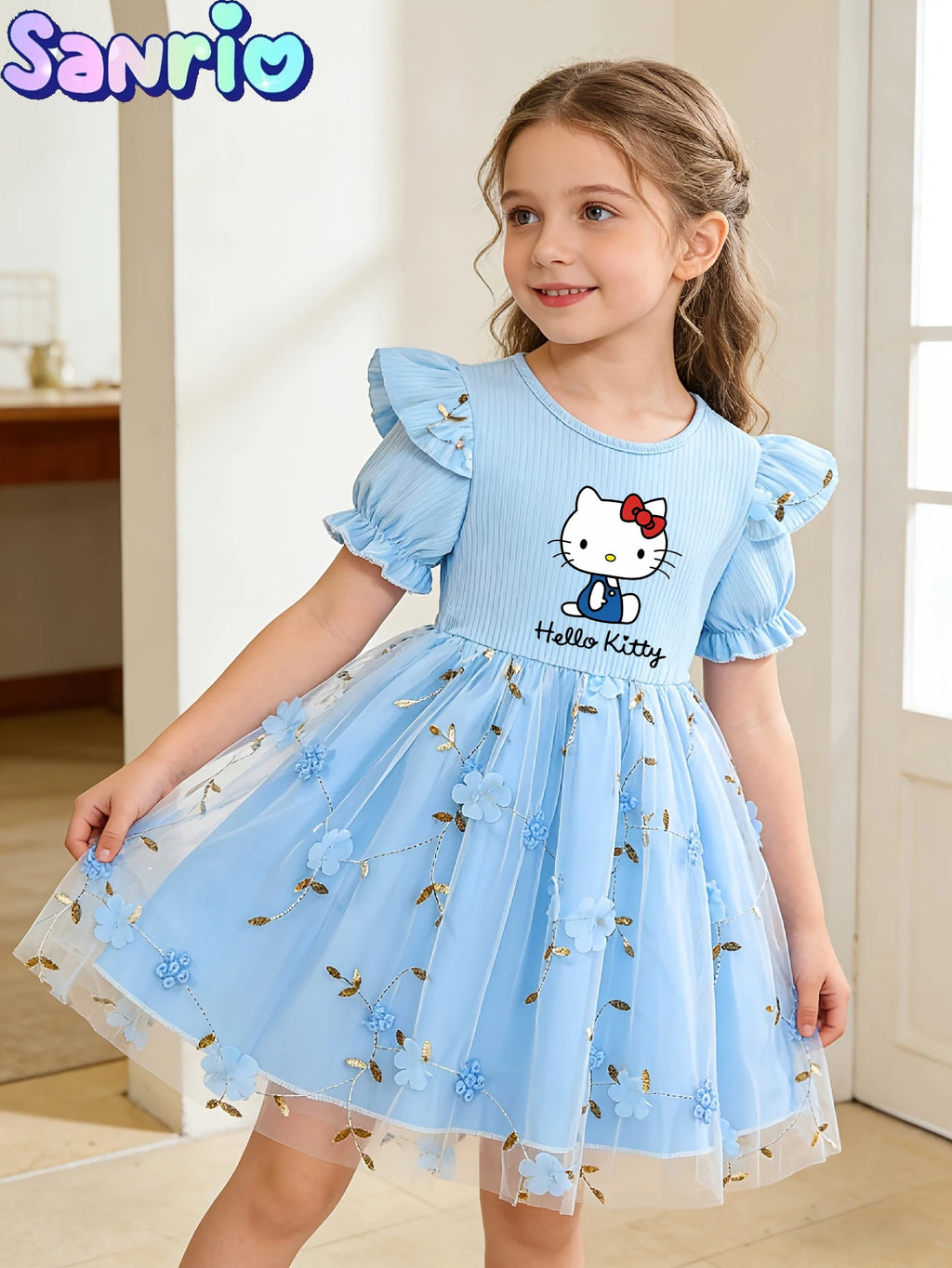 New Summer Hello Kitty Kids Dress, Girls' Puff Sleeve Floral Tulle Skirt