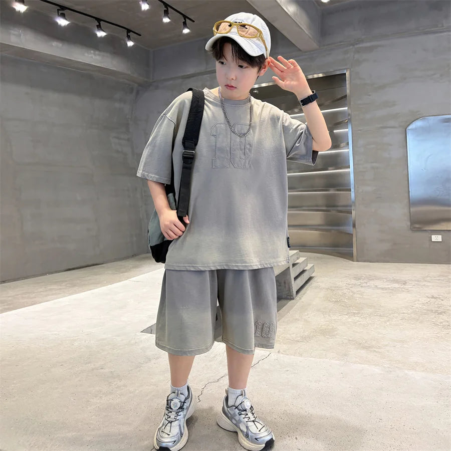 Kids Summer Set Loose Gradient Clothes for Boys Casual Suit Top and Bottom Clothes Set Child Cotton T-shirt + Shorts Tracksuit
