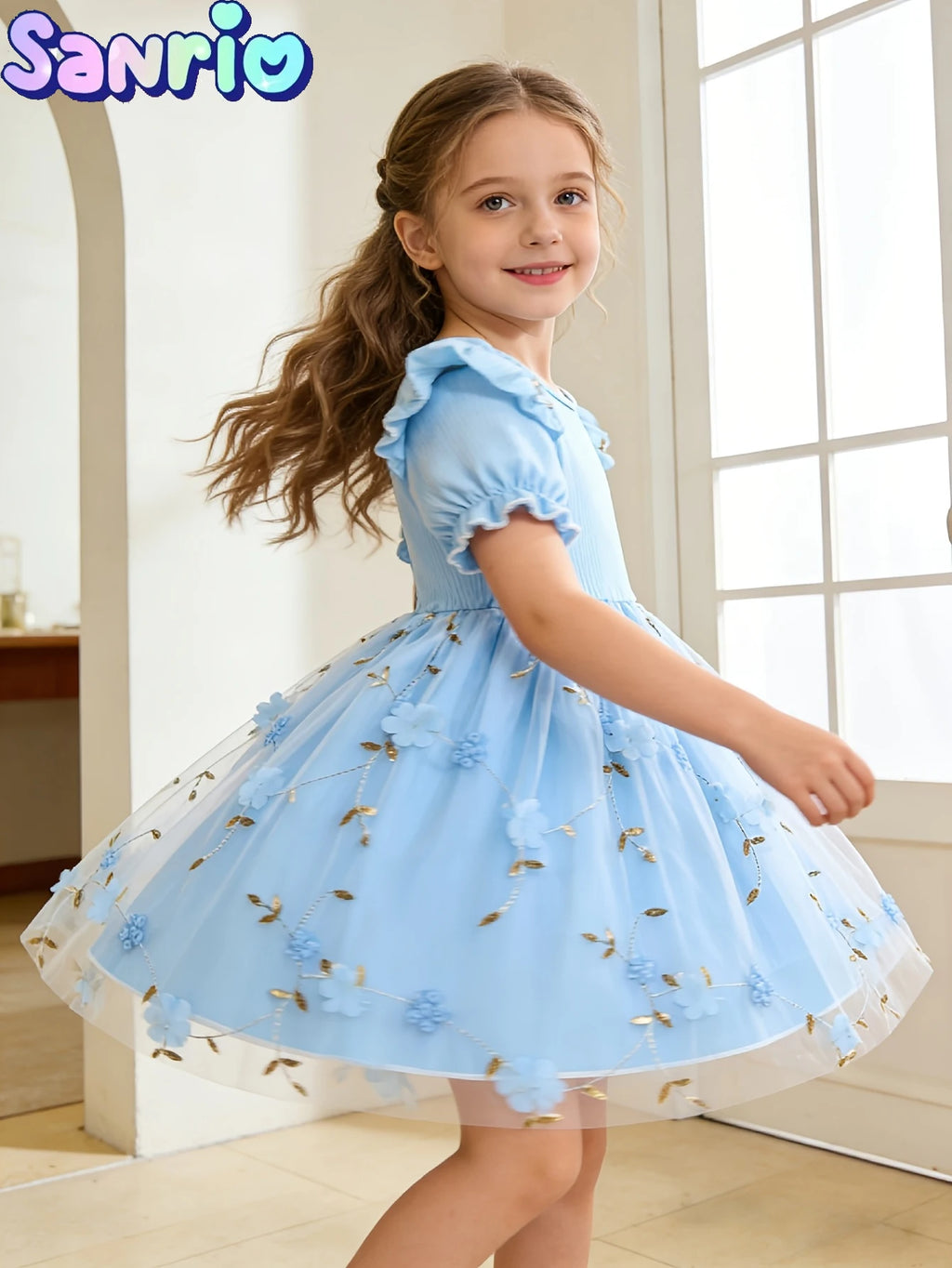 New Summer Hello Kitty Kids Dress, Girls' Puff Sleeve Floral Tulle Skirt