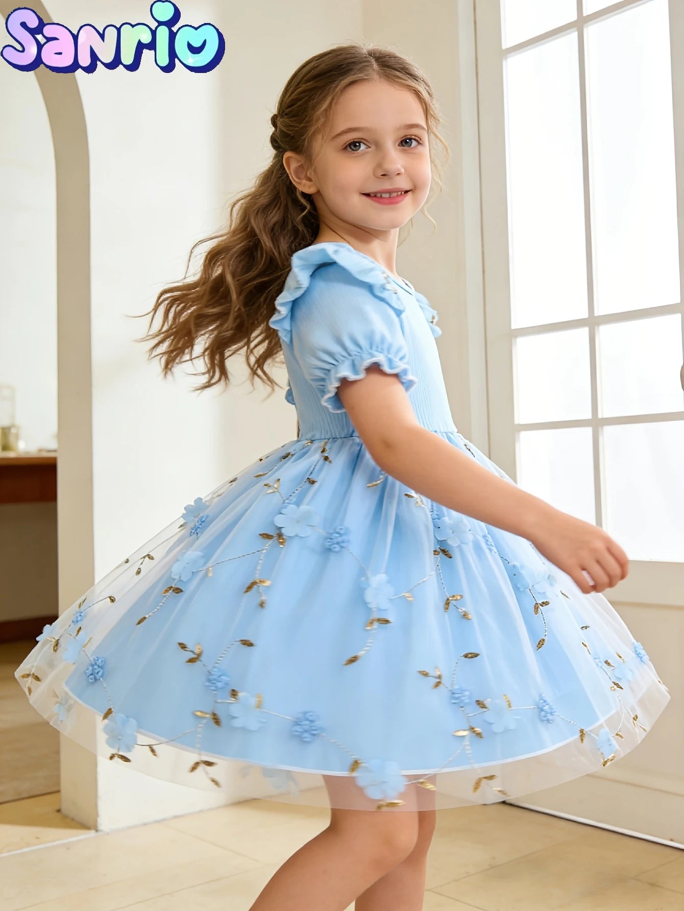 New Summer Hello Kitty Kids Dress, Girls' Puff Sleeve Floral Tulle Skirt
