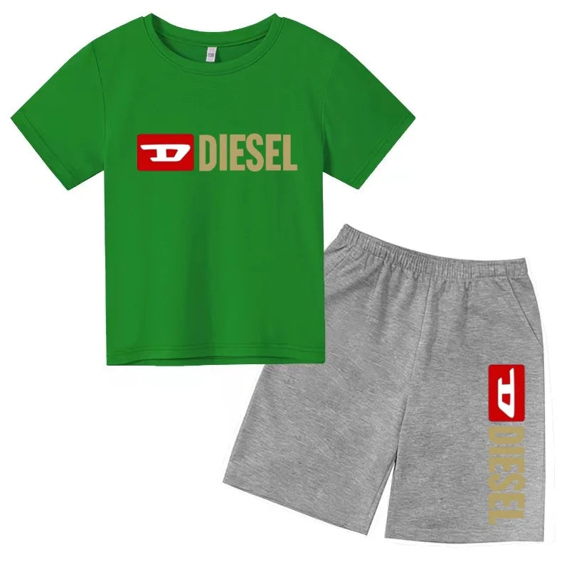 Kids Summer Sky Blue T-shirt Fashion Letters Top+Shorts Boy Girl Coat 3-12Years Sports Short-sleeved Clothing Jogging Casual Set