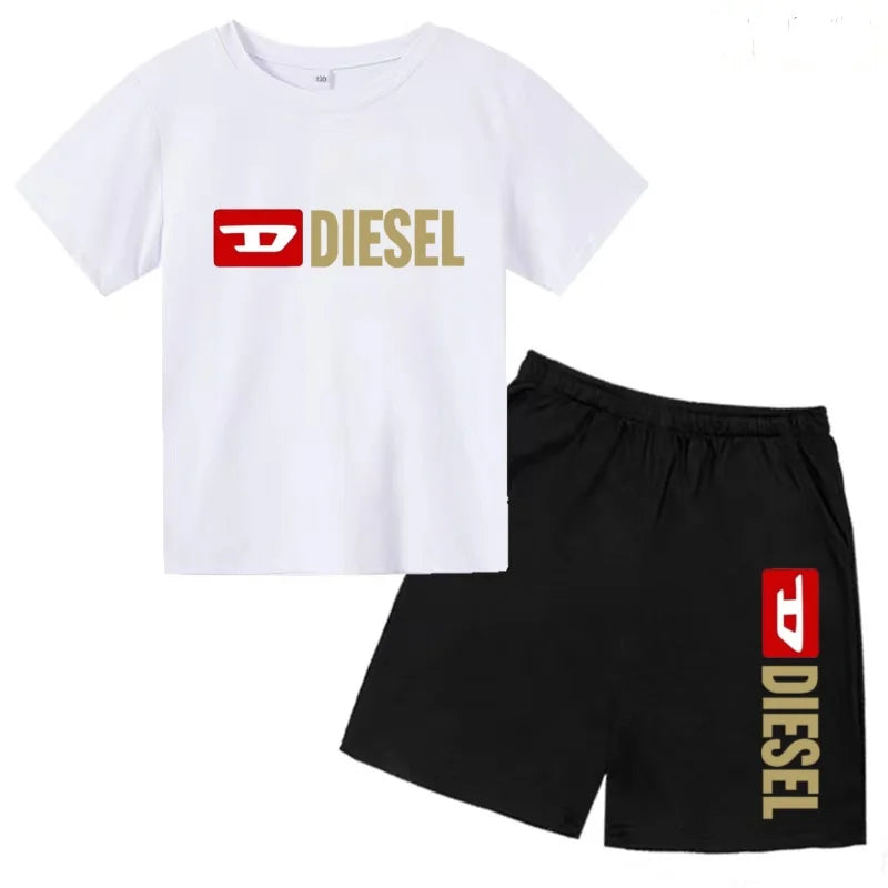 Kids Summer Sky Blue T-shirt Fashion Letters Top+Shorts Boy Girl Coat 3-12Years Sports Short-sleeved Clothing Jogging Casual Set