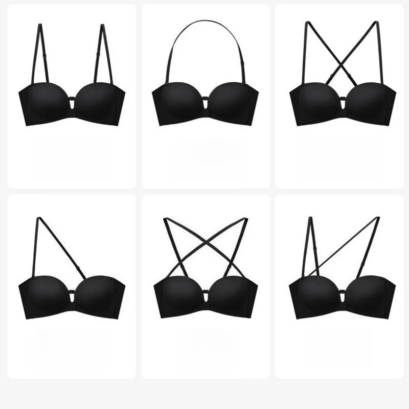Front Closure Strapless Bras For Women Seamless Push Up Brassiere Thick Soft Underwear Solid Color Adjustable Invisible Lingerie