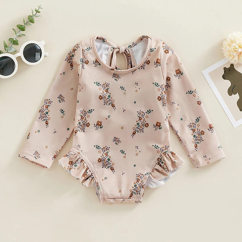 Kids Girl Summer Swimsuits Floral Print Long Sleeve Ruffles Jumpsuit Swimwear Bathers Bathing Suits Swimming Pool Beach Wear