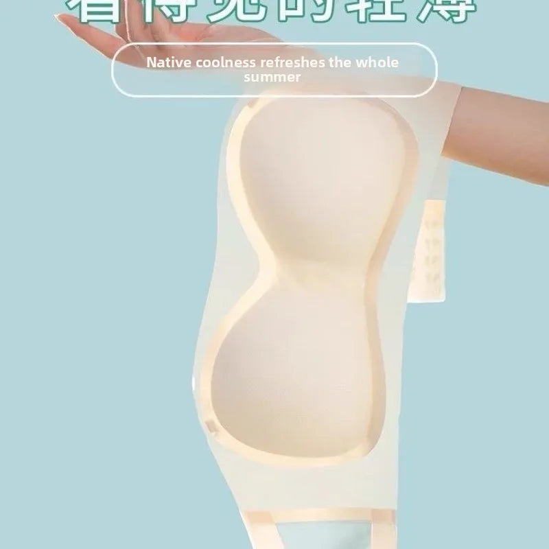 Women Strapless Push Up Bra 8cm Padded Ice Silk Invisible Non-Slip Lift Backless A/B Cup