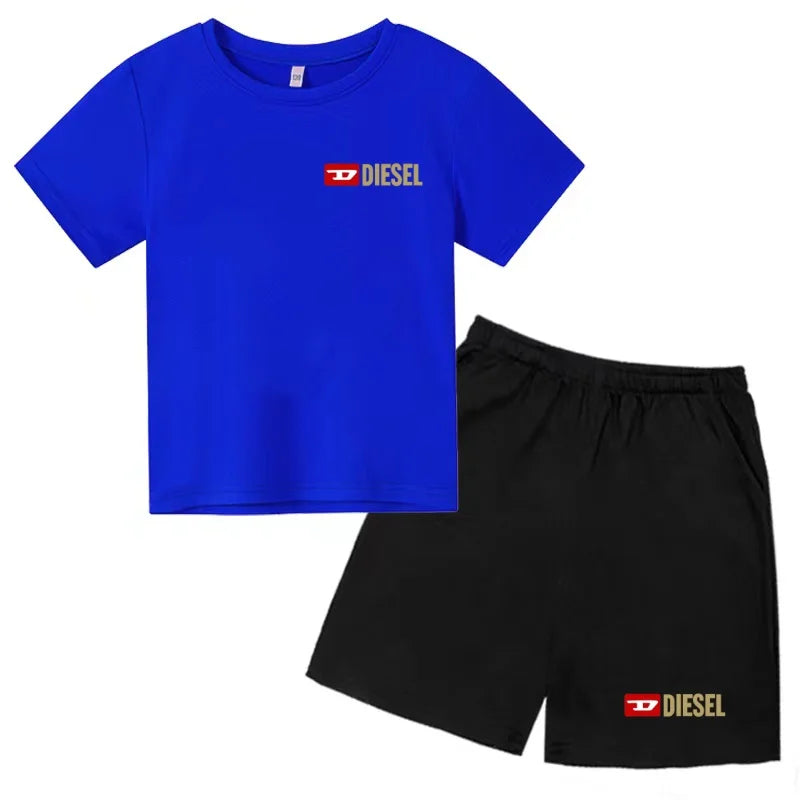 Kids Summer Sky Blue T-shirt Fashion Letters Top+Shorts Boy Girl Coat 3-12Years Sports Short-sleeved Clothing Jogging Casual Set