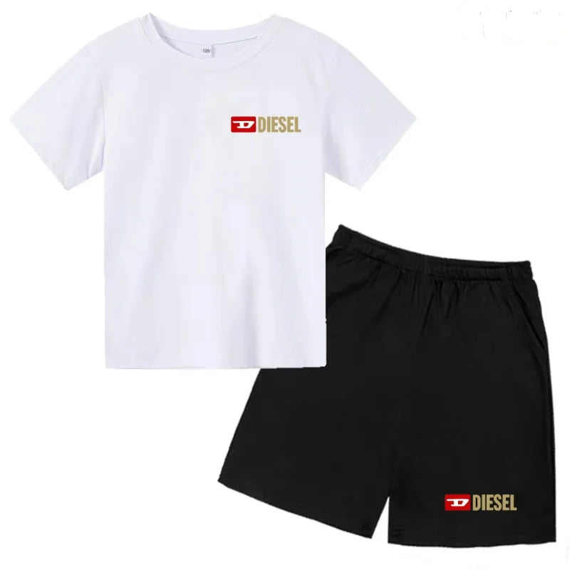 Kids Summer Sky Blue T-shirt Fashion Letters Top+Shorts Boy Girl Coat 3-12Years Sports Short-sleeved Clothing Jogging Casual Set