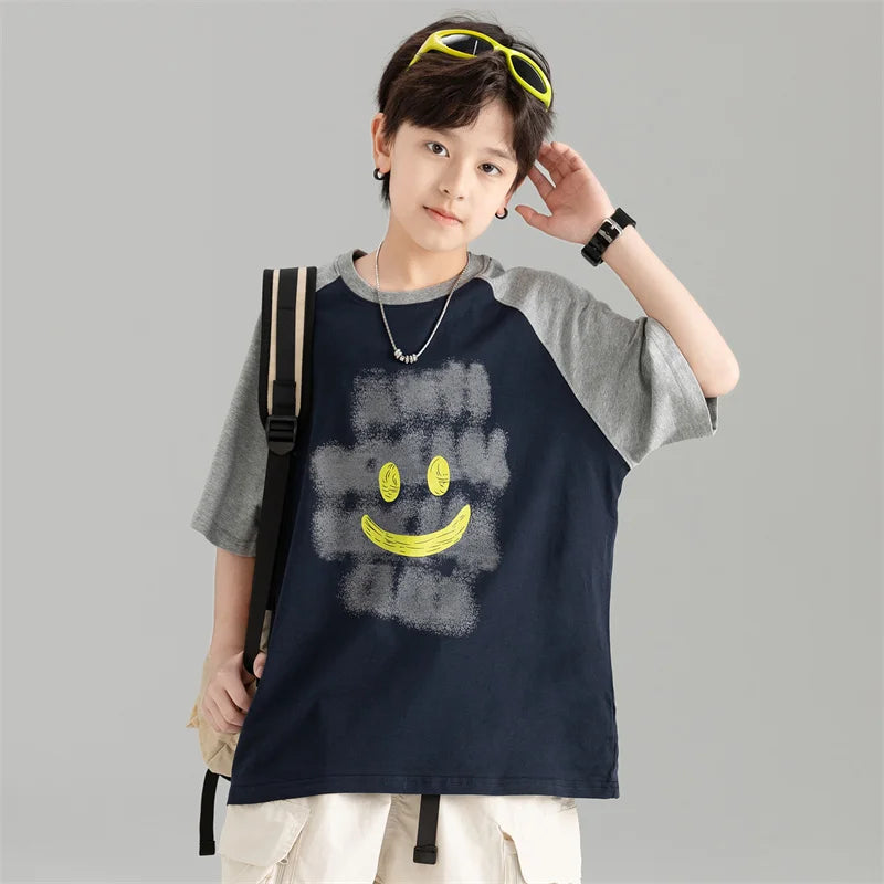 Summer Kids T-shirt For Boys Tops Clothes Fashion Korea Patchwork Cartoon Cotton Printing Tees 7 8 9 10 11 12 13 14 15 Years Old