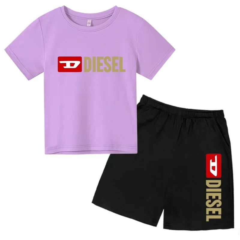 Kids Summer Sky Blue T-shirt Fashion Letters Top+Shorts Boy Girl Coat 3-12Years Sports Short-sleeved Clothing Jogging Casual Set