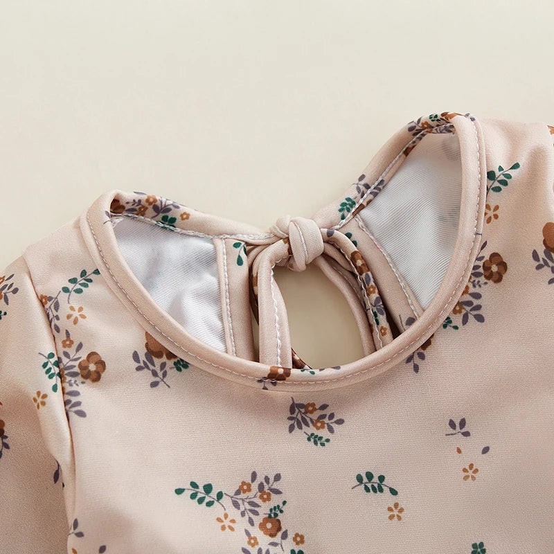 Kids Girl Summer Swimsuits Floral Print Long Sleeve Ruffles Jumpsuit Swimwear Bathers Bathing Suits Swimming Pool Beach Wear