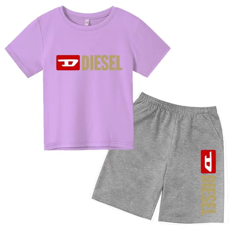 Kids Summer Sky Blue T-shirt Fashion Letters Top+Shorts Boy Girl Coat 3-12Years Sports Short-sleeved Clothing Jogging Casual Set